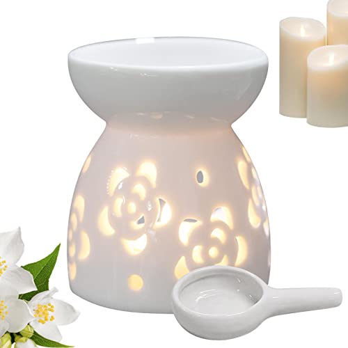 Keramik Ölbrenner Ausgehöhlt Aroma Diffuser Teelicht Duftlampe Aus Keramik Weiß Mit Candle Löffel | Schicker Teelichthalter Aromalampe Duftöl Kerzenhalter Aromabrenner Für Büro,Schlafzimmer,Wohnzimmer von Joyivike