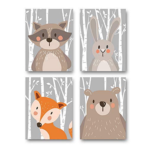 4er Set Kinderzimmer Babyzimmer Poster Bilder Din A4 | Mädchen Junge Deko | Dekoration Kinderzimmer | Waldtiere Safari Skandinavisch（Bär,Kaninchen,Fuchs） Grauer Boden von Joylife