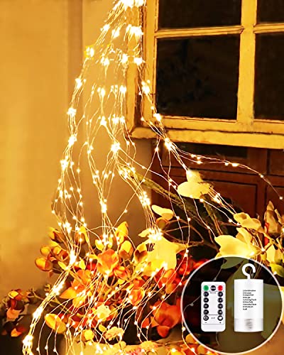 Joysing Lichterschweif 2M 200 LED Lichterschweif mit Batterie und Timer, Fernbedienung,8 Modi Lichterkette Wasserfall Wasserdichte lichterbündel Weihnachtsbeleuchtung für Innen Außen - Warmweiß von Joysing