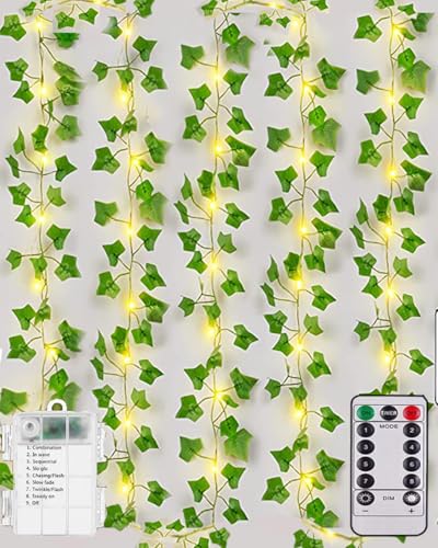 Joysing Efeu Lichterkette Innen 10M 100 LED Efeu Girlande mit Lichterkette Batteriebetrieben mit Fernbedienung Timer, 8 Modi Fake Efeu Lichterketten Wasserdicht Weihnachtsbeleuchtung fur Zimmer Aussen von Joysing