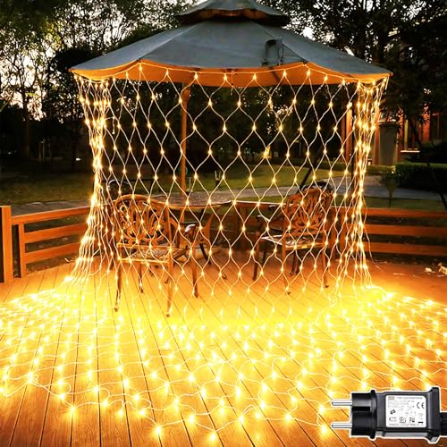 Joysing Lichternetz Außen 3x2m 204 LED Lichterkette Netz mit Stecker, 8 Modi Lichterkettennetz Wasserdicht Lichtervorhang für Zimmer Wand Hochzeit Zaunbüsche Garten Deko - Warmweiß von Joysing