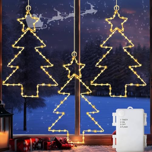 Joysing Weihnachtsdeko Fenster 3 Stück Weihnachtsbeleuchtung Fenster mit Batterie und Timer, LED Fensterdeko Weihnachten Beleuchtet Hängenden Stern Fenster Beleuchtet für Innen Außen Deko von Joysing