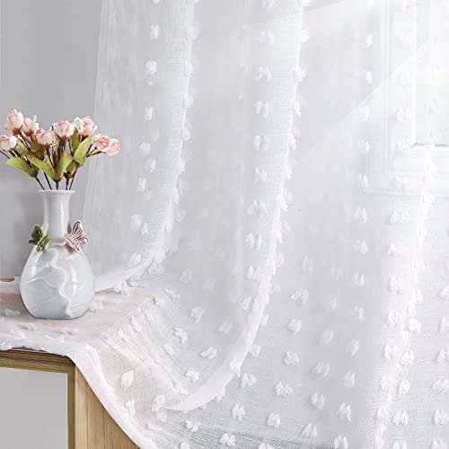 Joywell Gardinen Wohnzimmer Vorhänge Kinderzimmer Mädchen Schlafzimmer Pompons in Leinen Optik Leinenstruktur Fertigstores Transparent Boho Vorhang für Große Fenster Weiß 225x140 cm 2er Set von Joywell