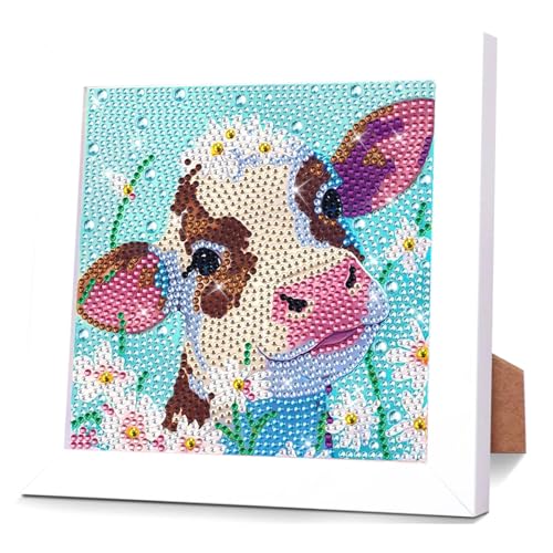 Diamond Painting Kinder Mit Holzrahmen, Diamond Painting Kinder ab 4 5 6 7 8 9 Jahre, 5D Diamant Painting Bilder Kinder Mädchen Mosaikherstellung Arts Craft Kits für Geschenk 18x18cm (Milchkuh) von Jozutoyz