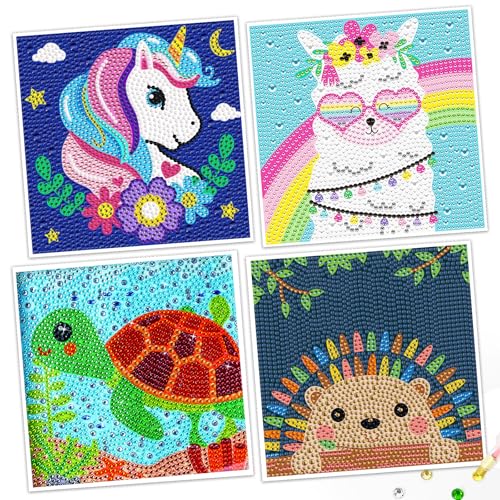 Jozutoyz Diamond Painting Kinder, 4er Set Diamond Painting Kinder ab 4 5 6 7 8 9 Jahre, Diamant Painting Bilder Kinder Mädchen für Wanddekorationen und Geschenke 15 x 15 cm (Tiere B) von Jozutoyz