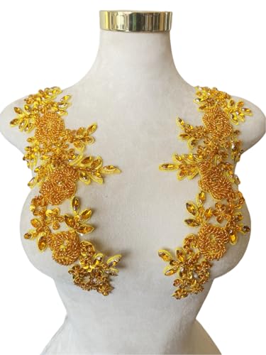 Jpumley Pksn Handgefertigte Strasssteine auf Spitze Applikation zum Nähen von Perlen Pailletten Trim Patches für Hochzeitskleid Zubehör 1 Paar/Beutel 15,2 x 35,6 cm (Gold) von Jpumley.pksn