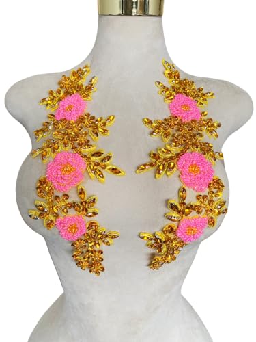 Jpumley Pksn handgefertigte Strasssteine auf Spitze Applikation zum Nähen von Perlen Pailletten Trim Patches für Hochzeitskleid Zubehör 1 Paar/Beutel 15,2 x 35,6 cm (Gold Pink) von Jpumley.pksn