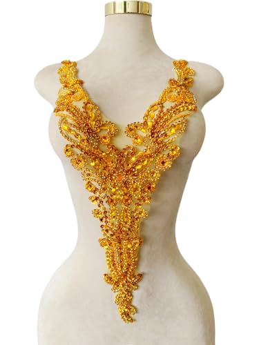 Jpumley pksn reine handgefertigte Strass-Applikation zum Aufnähen auf Spitze, Kristall-Pailletten, Besatz, Zubehör für Kleid, Kleidung, Halsausschnitt, dekoratives Material, 57 x 29 cm (Gold) von Jpumley.pksn