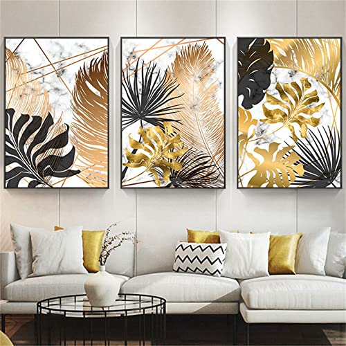 Goldene Blätter Diamond Painting Set Größe 50x70cm 3er Set, Diamant Painting Bilder für Kinder Mädchen, Diamond Painting Strass Leinwand Groß Stitch zum Entspannen, Mosaik Klebebilder Deko Wohnzimmer von Jqynn