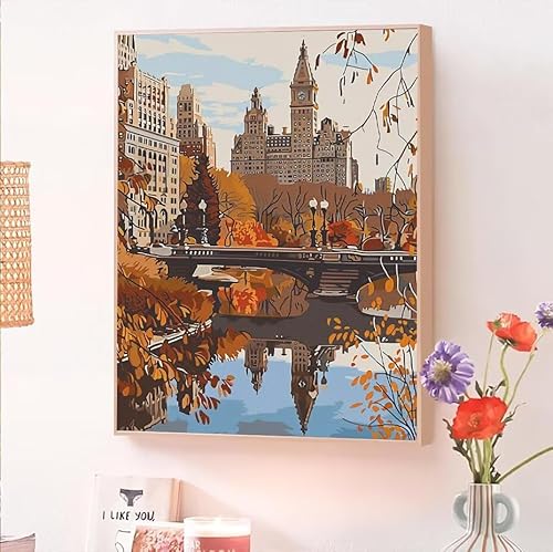 Herbst Malen Nach Zahlen Erwachsene, Malen Nach Zahlen ab 5 7 9 Jahre Mädchen, DIY Handgemalt Ölgemälde Kit für Anfänger Erwachsene Mit 3-Pinseln und Acrylfarbe,Home Wand Décor Stadt 90x120cm O-530 von Jqynn