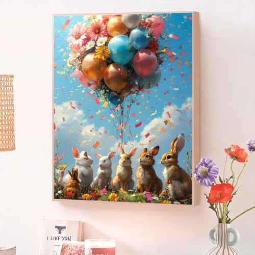 Kaninchen Malen Nach Zahlen Erwachsene, Malen Nach Zahlen ab 5 7 9 Jahre Mädchen, DIY Handgemalt Ölgemälde Kit für Anfänger Erwachsene Mit 3-Pinseln und Acrylfarbe,Home Wand Décor Ballon 25x35cm O-601 von Jqynn