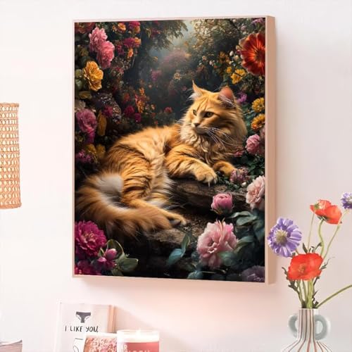 Katze Malen Nach Zahlen Erwachsene, Malen Nach Zahlen ab 5 7 9 Jahre Mädchen, DIY Handgemalt Ölgemälde Kit für Anfänger Erwachsene Mit 3-Pinseln und Acrylfarbe,Home Wand Décor Blume 70x90cm O-440 von Jqynn