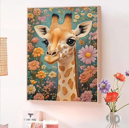 Malen Nach Zahlen Erwachsene Giraffe, Malen Nach Zahlen Blume, Kreativ Set für Erwachsene Frauen mit Pinseln und Acrylfarben Handgemalt Ölgemälde Leinwand für Home Wand Dekor, Geschenk 30x40cm O-649 von Jqynn