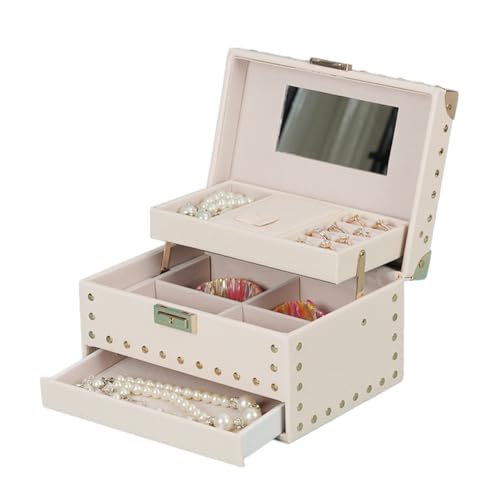 Jrpzcv Neue 3-Lagige Schmuckschatulle mit Schloss, Pu-Leder, Ohrring-Box, Ring-Schmuckschatulle, Schmuck-Display-Box, Schmuckschatulle, Beige von Jrpzcv