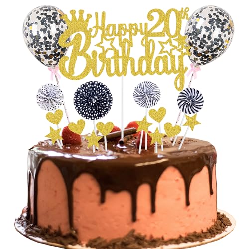 Happy 20th Birthday Tortendeko 20 jahre mann frauen Kuchendeko 20. Geburtstag Gold Schwarz Tortendeko 20. Geburtstag mann Tortendeko Gold Mit Herz Stern Ballon Glitter Cake Topper für 20 Geburtstag von Jrzyhi