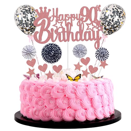 Happy 90th Birthday Tortendeko frau 90. Geburtstag Hello 90 Cake Topper Rosegold Schwarz Kuchen Topper 90 Kuchen Deko 90 Geburtstag mann Tortendeko 90 jahre frau Glitter Cake Topper für 90 Geburtstag von Jrzyhi