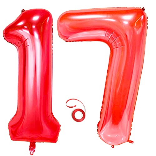 Jrzyhi Ballons Zahlen Luftballon 17.Geburtstag Rot Riesen Folienballon Zahl 17 Helium Nummer Große XXLNummer 17.Happy Birthday 17Jahre Riesenzahl Ballons für Geburtstag, Hochzeit Party Deko 100CM von Jrzyhi