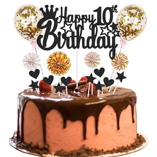 Tortendeko 10 Geburtstag Deko Happy 10th Birthday Tortendeko 10 jahre junge Kuchendeko 10. Geburtstag mädchen Schwarz Golden Tortendeko junge mädchen Hello 10 Glitter Cake Topper für 10 Geburtstag von Jrzyhi