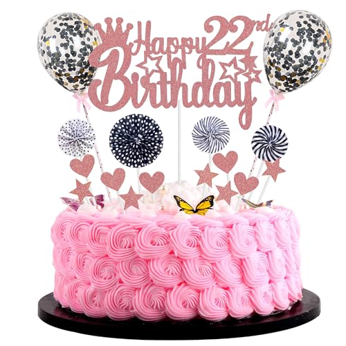 Happy 22th Birthday Tortendeko frau 22. Geburtstag Hello 22 Cake Topper Rosegold Schwarz Kuchen Topper 22 Kuchen Deko 22 Geburtstag mann Tortendeko 22 jahre frau Glitter Cake Topper für 22 Geburtstag von Jrzyhi