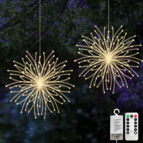 Jsdoin 2 Stück Feuerwerk Lichterkette, 200 LED Weihnachtslicht Starburst, Wasserdicht 8 Modi Feuerwerk Lichter mit Fernbedienung, für Weihnachten Außen Innen Party Hochzeit, Batteriebetrieben von Jsdoin