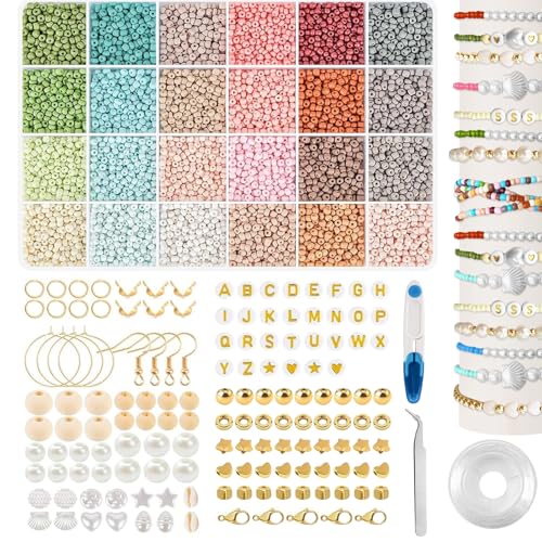 Jsdoin 3mm Glasperlen Kit, 24 Colourful Morandi Glass Beads for Threading Bunte Perlen Für Armbänder mit 280 Perlen Buchstaben DIY Perlen zum Auffädeln Perlen Set für Kinder Feiertage,Geburtstage,Wei von Jsdoin