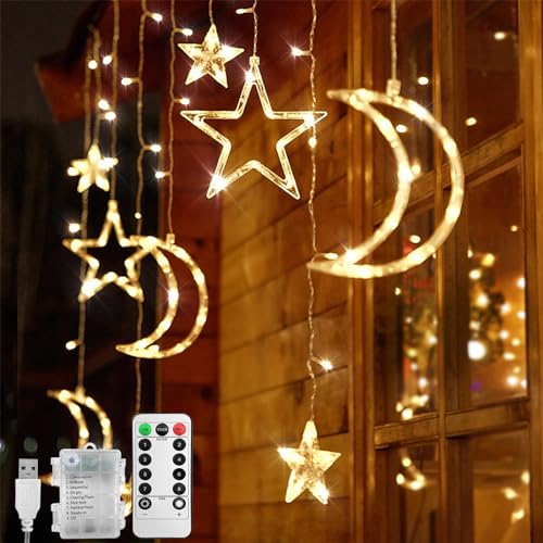 Jsdoin LED Lichterkette, 3,5m Stern Mond LED Vorhang Lichter mit 8 Blinkmodi Dekoration für Weihnachten, Hochzeit, Party, Zuhause, Terrasse, Ramadan, Rasen (B - Warmweiß) von Jsdoin