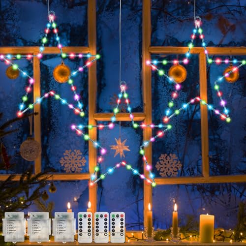 Jsdoin Weihnachts-Fensterlichter, batteriebetrieben 40cm Weihnachtsbaumlichter zum Aufhängen, mit 8 Modi und Fernbedienung 45 LEDs für Party Innen- und Außenbereich (Mehrfarbig, Sterne) von Jsdoin