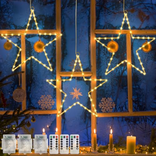 Jsdoin Weihnachts-Fensterlichter, batteriebetrieben 40cm Weihnachtsbaumlichter zum Aufhängen, mit 8 Modi und Fernbedienung 45 LEDs für Party Innen- und Außenbereich (Warmes Weiß, Sterne) von Jsdoin