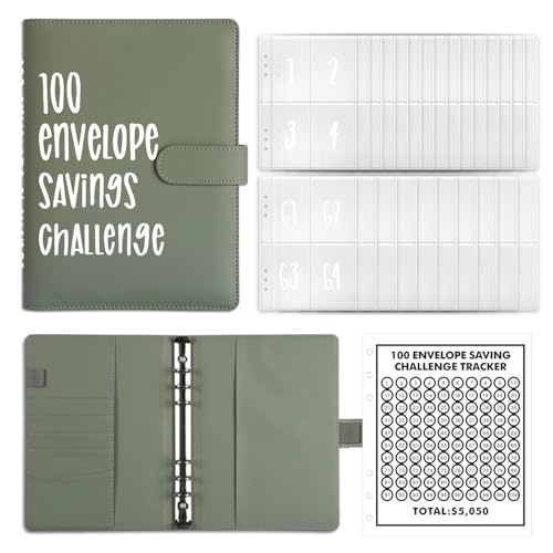 100 Envelope Challenge Binder, Geldspar-Ordner Budget, Envelopes Money Saving Challenge Binder, Ordner Geldspar, Geeignet für Paare, Familien, Kinder, Spar-Herausforderung (Grün) von Jsleid