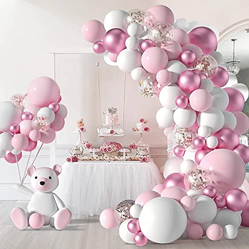 Luftballons Girlande Set, 152 Stück Rosa Balloon Garland Set Pink Weiß Roségold Metallic Latex Ballon mit Konfetti Ballon für Baby Dusche Geburtstag Party Hochzeit Valentinstag Dekorationen von Jstzdq