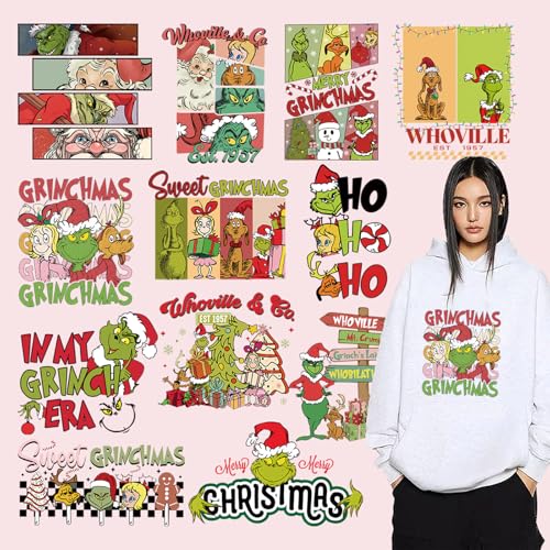 2024 Weihnachts-Wärmetransfer-Flicken zum Aufbügeln, Winter, Weihnachten, Vinyl-Designs, 12 Blatt, niedliches Cartoon-grünes Monster, Bügelbild, Flicken für Mützen, Damen und Herren, T-Shirt, Kissen, von Jtrebm