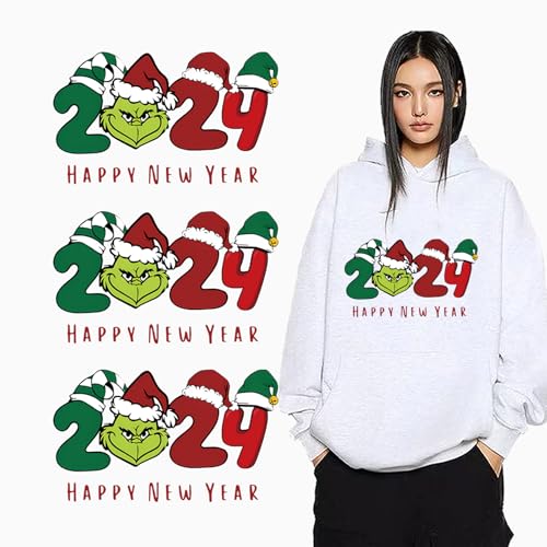 2024 Weihnachts-Wärmetransfer-Flicken zum Aufbügeln, Winter, Weihnachten, Vinyl-Designs, 3 Bögen, Cartoon-Grünhaar-Monster, Bügelbild, Flicken für Mützen, Damen und Herren, T-Shirt, Kissen, Segeltuch, von Jtrebm