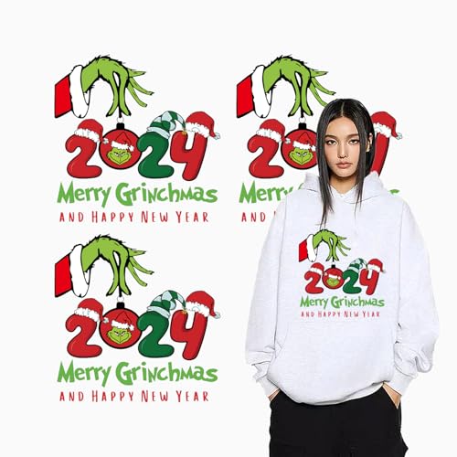 2024 Weihnachts-Wärmetransfer-Flicken zum Aufbügeln, Winter, Weihnachten, Vinyl-Designs, 3 Bögen, niedliches grünes Monster, Handbügelbild, Flicken für Mützen, Damen und Herren, T-Shirt, Kissen, von Jtrebm