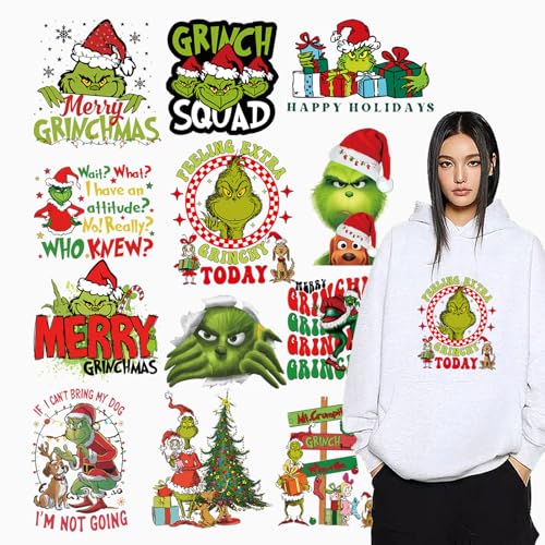 Weihnachts-Wärmetransfer-Aufnäher zum Aufbügeln, Winter, Weihnachten, Vinyl-Designs, 12 Blatt, lustig, grünes Monster, niedliches Bügelbild für Mützen, Damen und Herren, T-Shirt, Kissen, Segeltuch, von Jtrebm