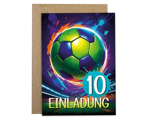 10 Einladungskarten incl. 10 Umschläge zum 10. Kindergeburtstag Jungen Mädchen Fussball Fußball coole bunte Einladungen zehnte Geburtstag Kinder Jungsgeburtstag Soccer Geburtstagseinladungen von JuNa-Experten