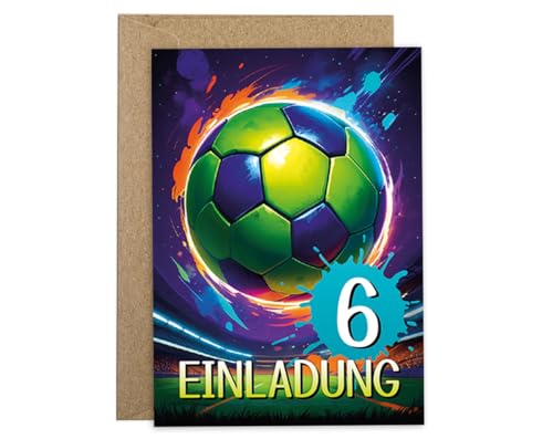 10 Einladungskarten incl. 10 Umschläge zum 6. Kindergeburtstag Jungen Mädchen Fussball Fußball coole bunte Einladungen sechste Geburtstag Kinder Jungsgeburtstag Soccer Geburtstagseinladungen von JuNa-Experten