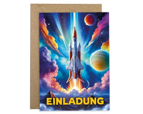 10 Einladungskarten incl. 10 Umschläge zum Kindergeburtstag Jungen Mädchen Rakete coole bunte Einladungen Geburtstag Kinder Jungsgeburtstag Space Kinderparty Geburtstagseinladungen von JuNa-Experten