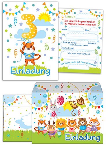 10 Einladungskarten zum 3. Kindergeburtstag für Jungen incl. 10 Umschläge/bunte Einladungen zum Geburtstag für Jungen "Süße Tierchen/Süßer Tiger" (10 Karten + 10 Umschläge) von JuNa-Experten