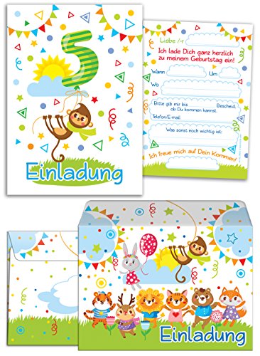 10 Einladungskarten zum 5. Kindergeburtstag für Jungen incl 10 Umschläge/Bunte Einladungen zum Geburtstag für Jungen Süße Tierchen/Süße AFFE (10 Karten + 10 Umschläge) von JuNa-Experten