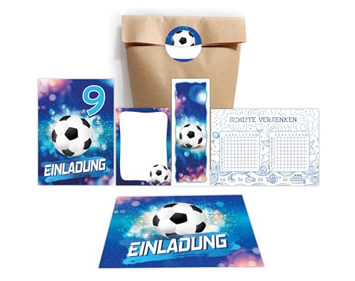 10 Einladungskarten zum 9. Kindergeburtstag Jungen Fußball Fussball Einladungen neunte Geburtstag incl. 10 Umschläge, 10 Tüten/natur, 10 Aufkleber, 10 Lesezeichen, 10 Blöcke, 10 Schiffe versenken von JuNa-Experten