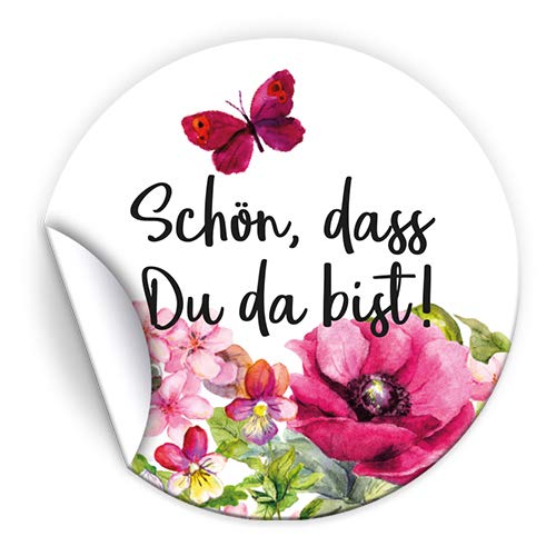 100 Aufkleber SCHÖN, DASS DU DA BIST Etiketten für Gastgeschenke BZW. Mitgebsel bei Hochzeit Taufe Geburtstag Jubiläum Blumen von JuNa-Experten