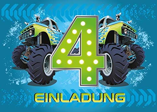 12 Einladungskarten 4. Geburtstag Kinder Junge Monstertruck blau/Monster-Truck/Auto/Einladungen zum vierten Kindergeburtstag für Jungen von JuNa-Experten