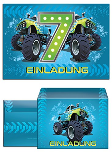 12 Einladungskarten für Jungen incl. 12 Umschläge zum 7. Kindergeburtstag Monstertruck blau/Monster-Truck/Auto/bunte Einladungen zum Geburtstag für Jungen (12 Karten + 12 Umschläge) von JuNa-Experten