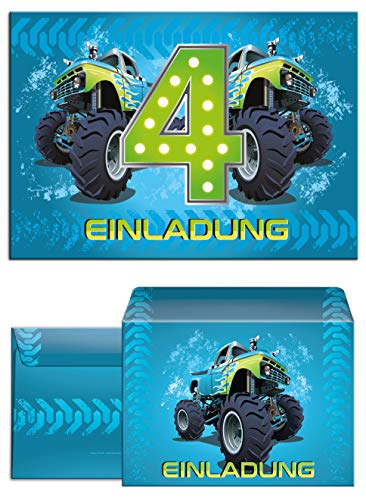 12 Einladungskarten incl. 12 Umschläge 4. Geburtstag Kinder Junge Monstertruck blau/Monster-Truck/Auto/Einladungen zum vierten Kindergeburtstag für Jungen von JuNa-Experten