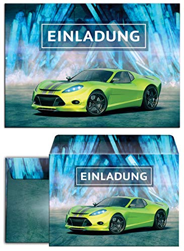 JuNa-Experten 12 Einladungskarten inkl. 12 Umschläge – Kindergeburtstag Junge, Rennauto Design, Rennwagen Einladungen für Jungen, Auto Geburtstagseinladungen von JuNa-Experten