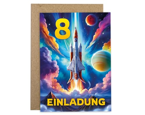 12 Einladungskarten incl. 12 Umschläge zum 8. Kindergeburtstag Jungen Mädchen Rakete coole bunte Einladungen achte Geburtstag Kinder Jungsgeburtstag Space Geburtstagseinladungen von JuNa-Experten