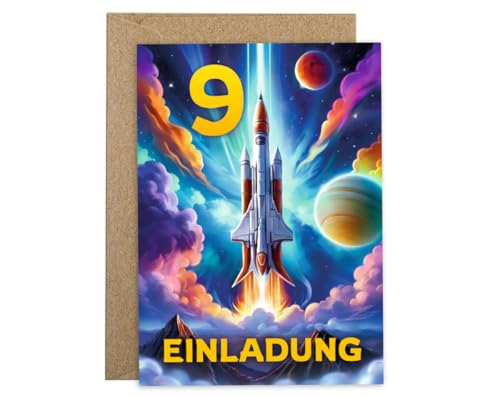 12 Einladungskarten incl. 12 Umschläge zum 9. Kindergeburtstag Jungen Mädchen Rakete coole bunte Einladungen neunte Geburtstag Kinder Jungsgeburtstag Space Geburtstagseinladungen von JuNa-Experten