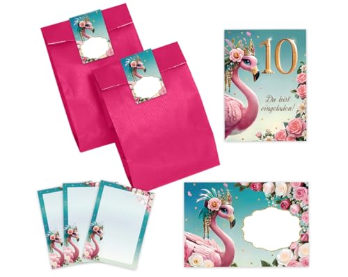 12 Einladungskarten zum 10. Kindergeburtstag Mädchen Flamingo coole bunte Einladungen zehnte Geburtstag Mädchengeburtstag incl. 12 Umschläge, 12 Partytüten/pink, 12 Aufkleber, 12 Mini-Notizblöcke von JuNa-Experten