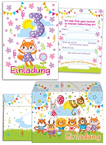 12 Einladungskarten zum 3. Kindergeburtstag für Mädchen incl.12 Umschläge/bunte Einladungen zum Geburtstag für Mädchen "Süße Tierchen/Süße Fuchs" (12 Karten + 12 Umschläge) von JuNa-Experten