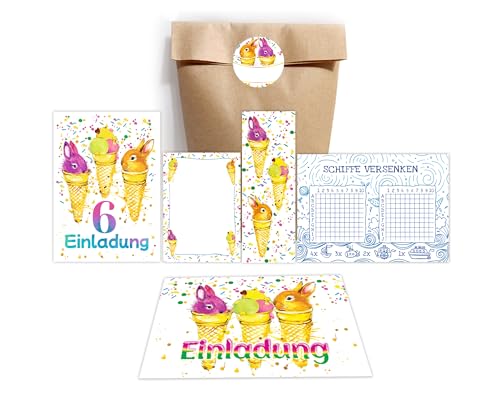 12 Einladungskarten zum 6. Kindergeburtstag Mädchen Jungen Kaninchen Einladung sechste Geburtstag incl. 12 Umschläge, 12 Tüten/natur, 12 Aufkleber, 12 Lesezeichen, 12 Blöcke, 12 Schiffe versenken von JuNa-Experten